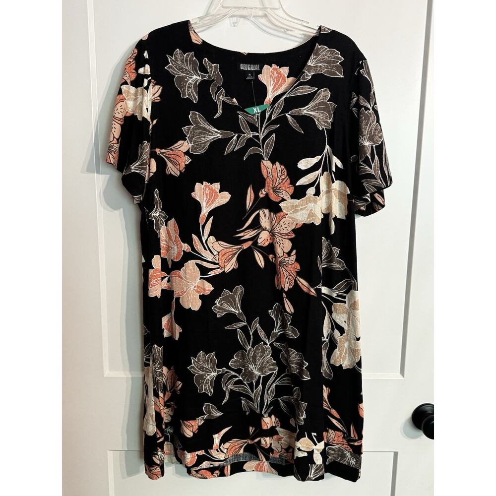 Original Nicole Miller Shift Dress Black Pink Floral Linen Blend Sz Xl Wedding